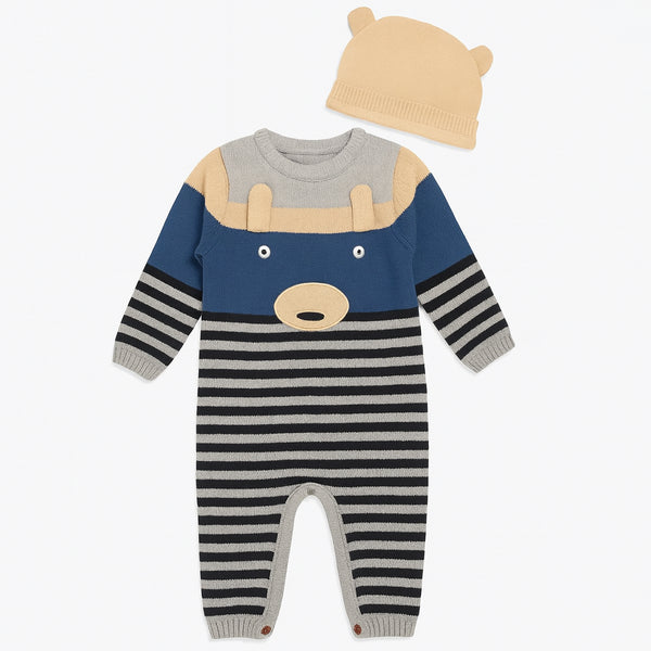 Boy Embroidery Bear Face Black & Gray Lining Winter Romper With Cap