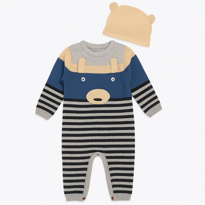 Boy Embroidery Bear Face Black & Gray Lining Winter Romper With Cap