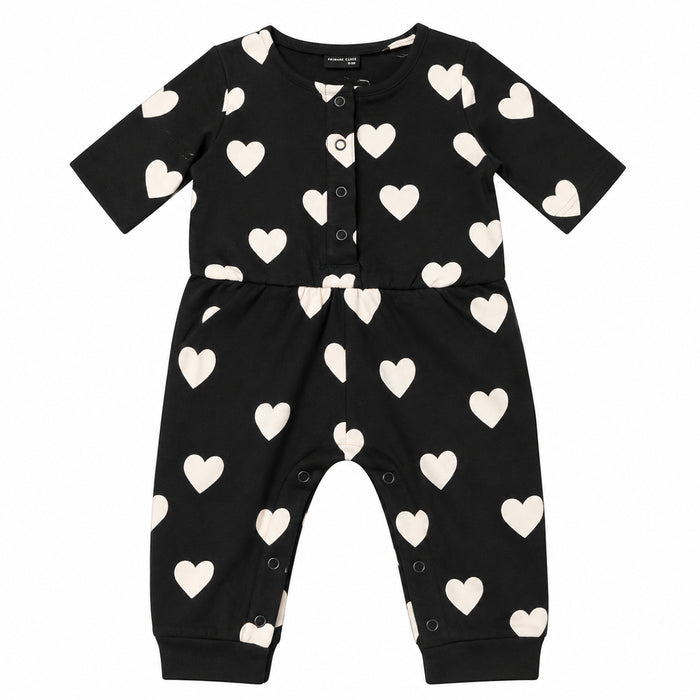 Girl White Heart Printed Full Sleeve Black Romper