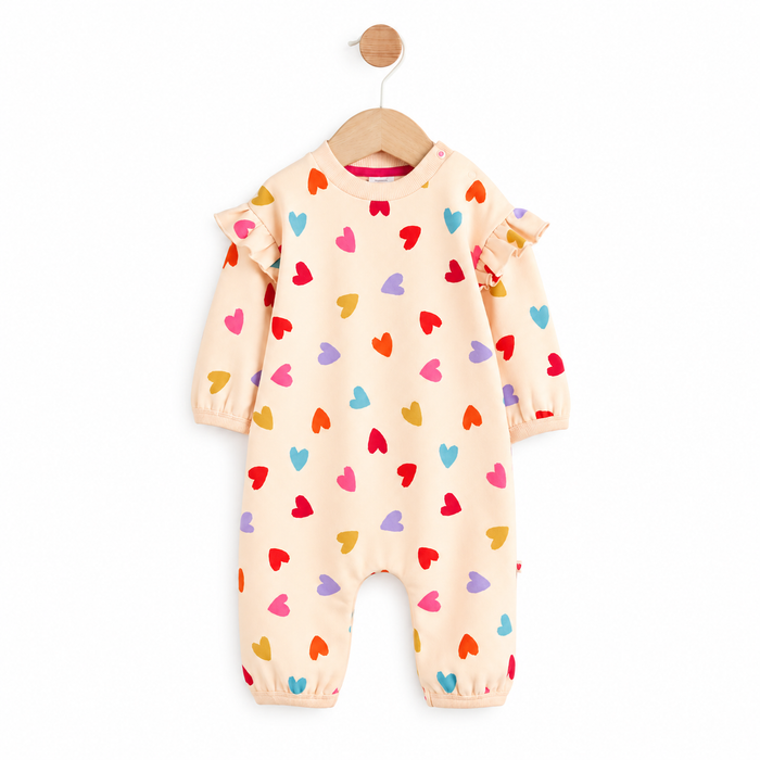 NXT Girl Cream Multi Color Heart Printed Inner Fleece Romper