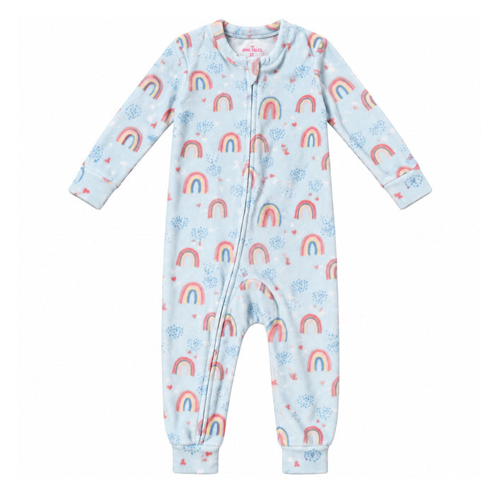 PNM Girl Sky Blue Rainbow Printed Velvet Zipper Romper