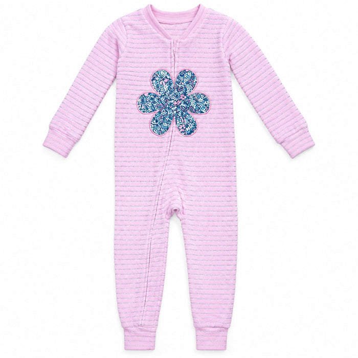 PNM Girl Pink Front Purple Floral Printed Velvet Zipper Romper