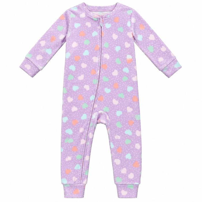 PNM Girl Purple Multi  Heart Printed Velvet Full Sleeve Zipper Romper