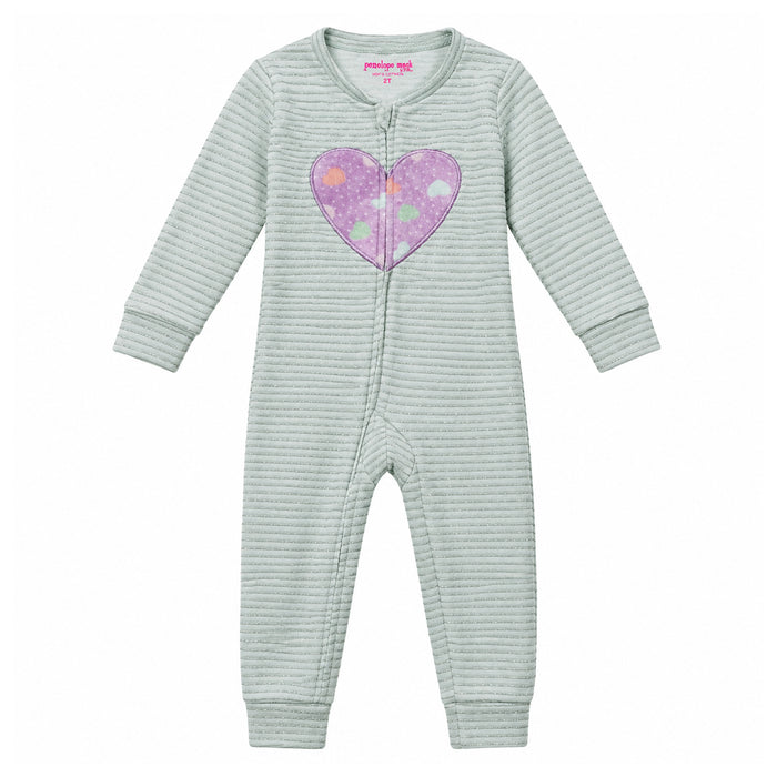 PNM Girl Sea Green Front Heart Printed Velvet Full Sleeve Zipper Romper
