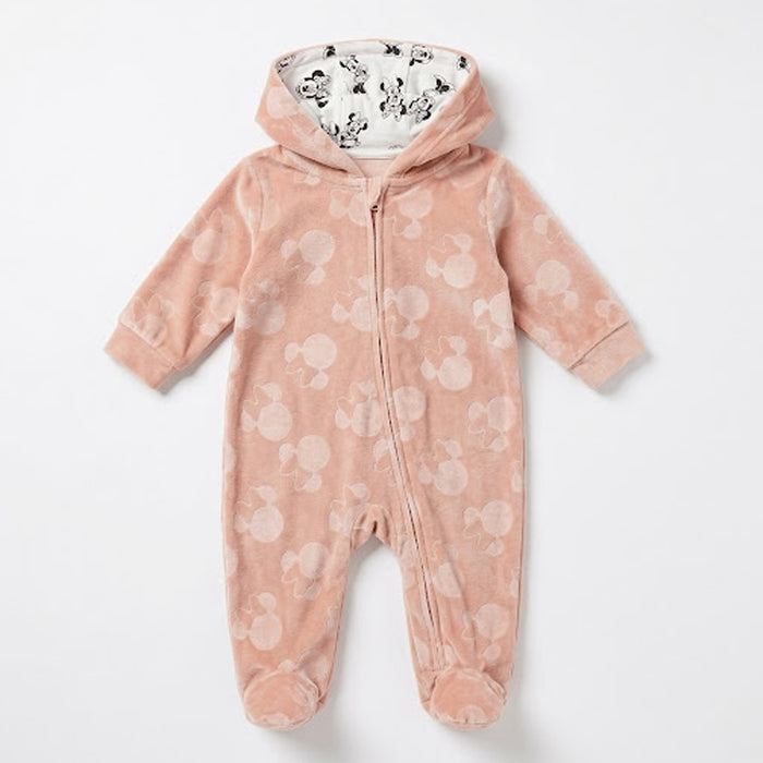 DSN Girl Baby Pink Self Design Zipper Mickey Bow Hooded Velvet Romper