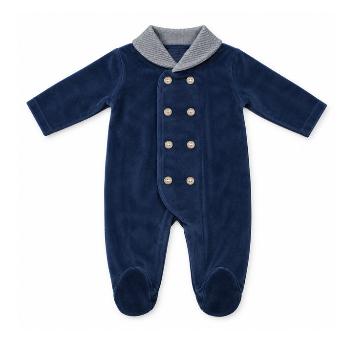 Boy Navy Blue Velvet Romper With Grey Collar & Double Breasted Bottons
