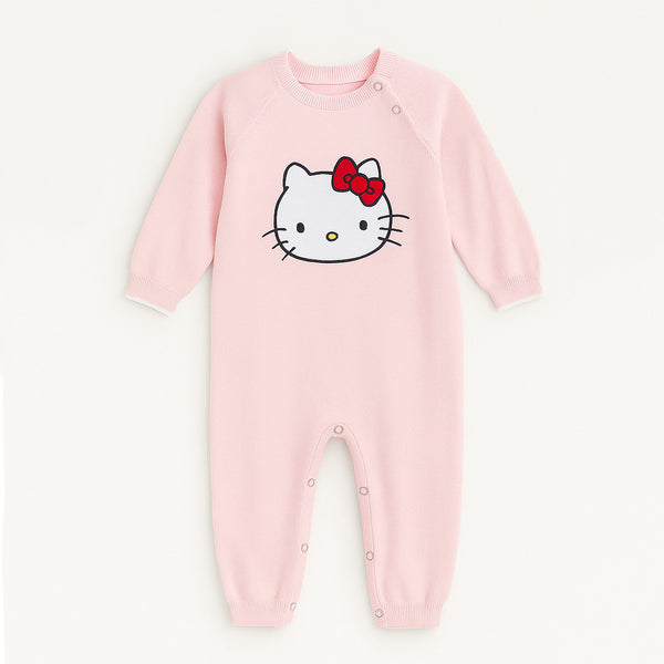 Girl T Pink Cat Face Embroidery Full Body Romper