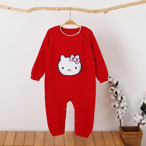 Girl Red Color Cat Face Embroidery Full Body Romper