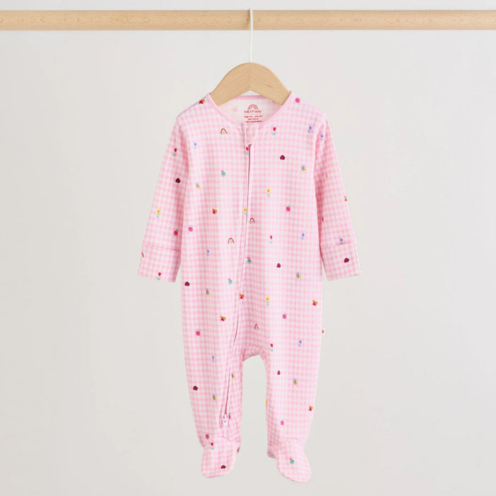 NXT Girl Pink Check Butterfly Rainbow Flower Printed Zipper Romper
