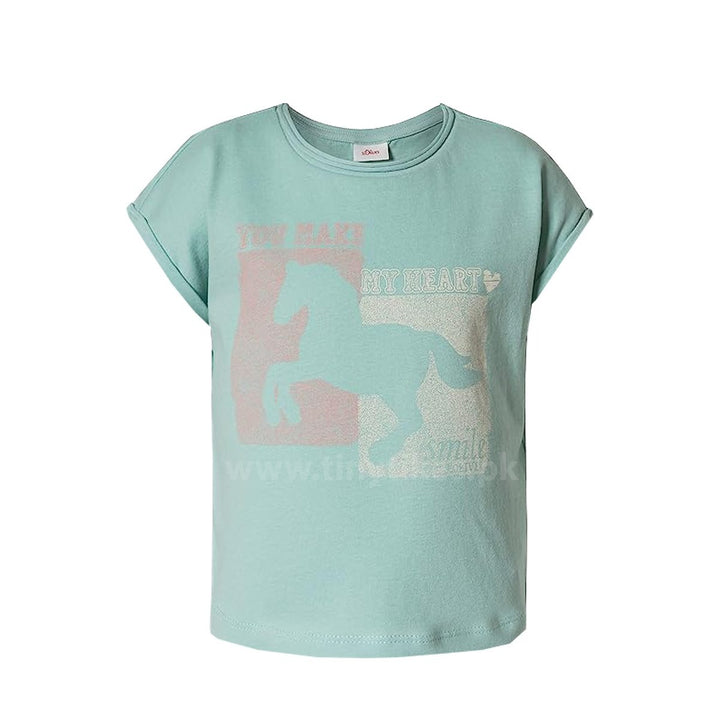 SOliver Jersi Organic Cotton Short Sleeves T-Shirt Sea Green  With You Make My Hearth & Horse Print - TinyTikes.pk