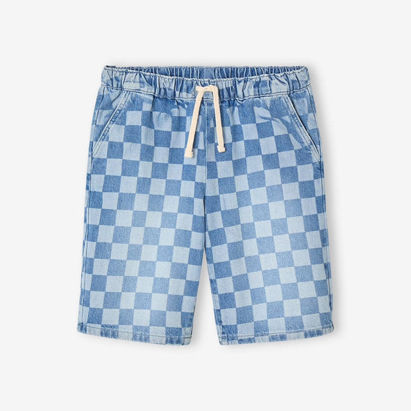JNN Boys Denim Blue Check Printed Short