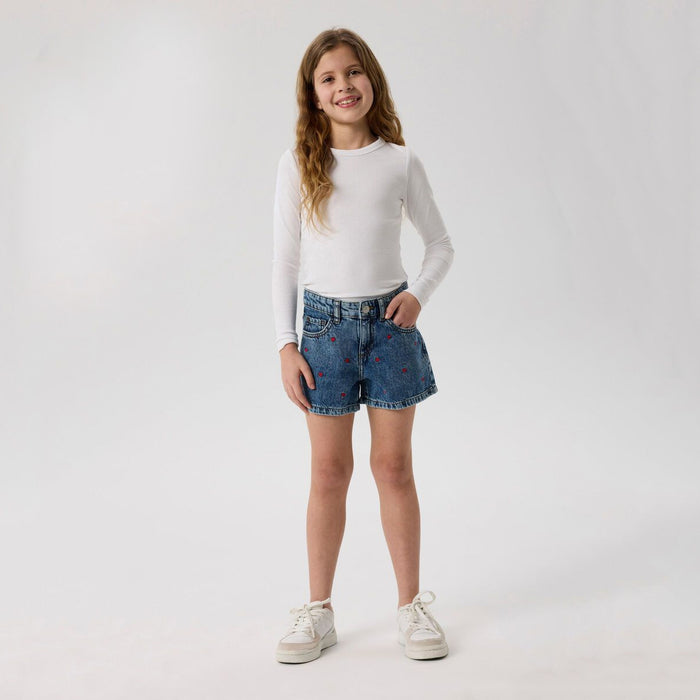 N IT Girl Red Heart Embroidery Denim Blue Short