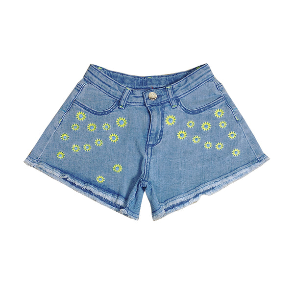 OM Denim Blue Short Green Flower Embroidery