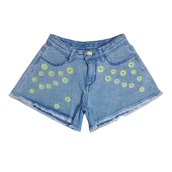 OM Denim Blue Short With Green Flower Embroidery