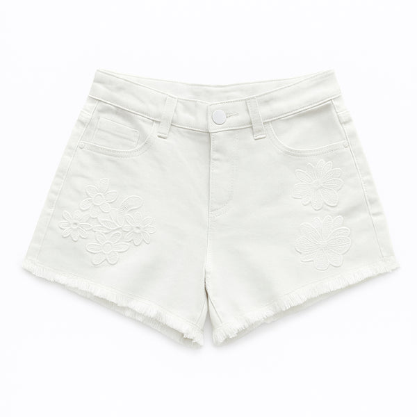 OM White Denim Floral Embroidery Shorts