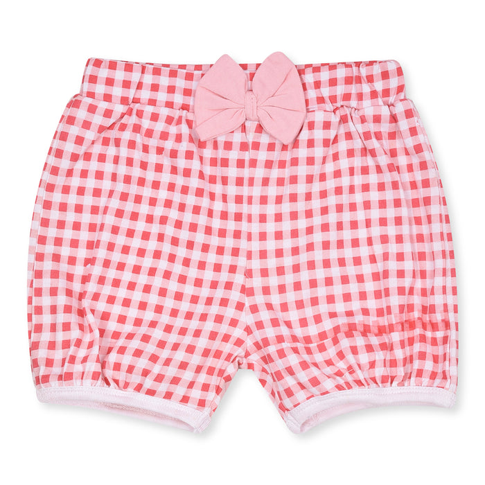 Girl Red Check Short With Pink Bow