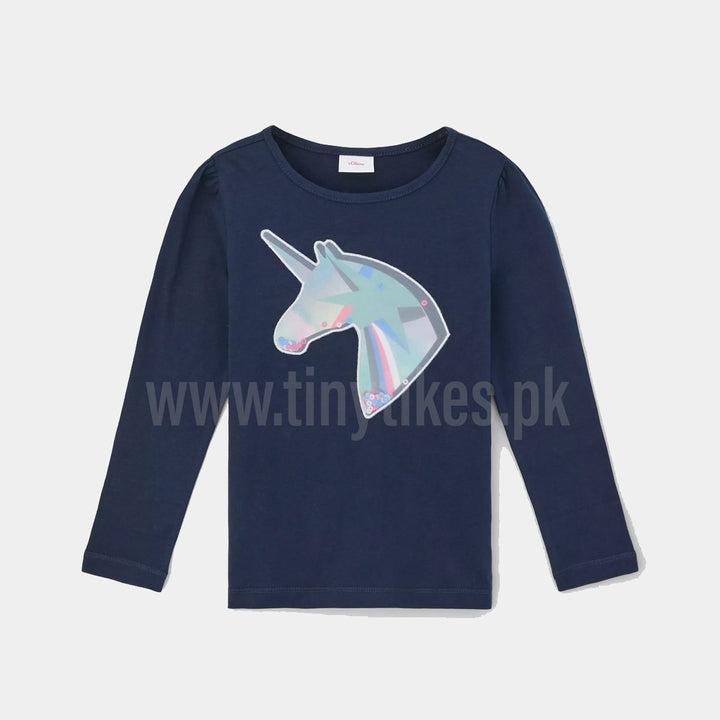 SOLIVER Full Sleeves Girl T-Shirt Blue Color With Unicorn Patch - TinyTikes.pk