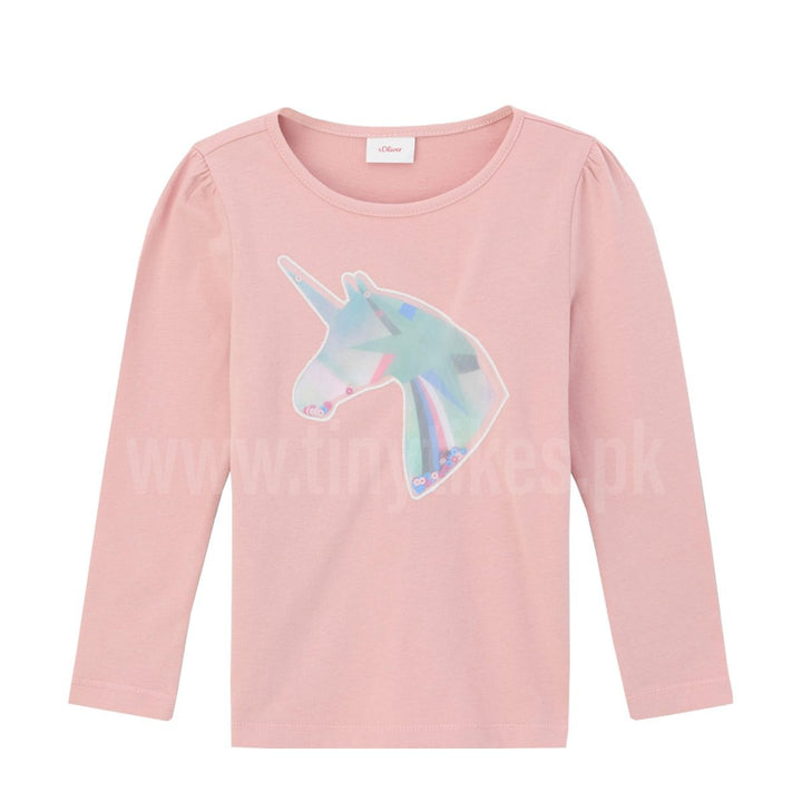 SOLIVER Full Sleeves Girl T-Shirt T-Pink Color With Unicorn Patch - TinyTikes.pk