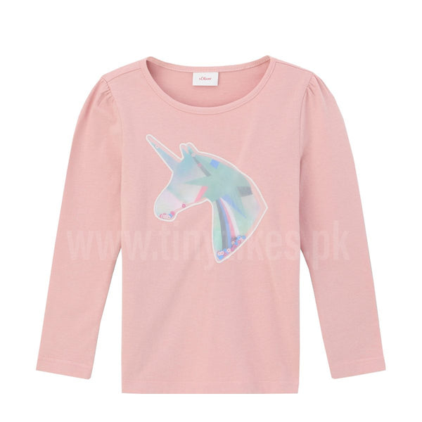 SOLIVER Full Sleeves Girl T-Shirt T-Pink Color With Unicorn Patch - TinyTikes.pk