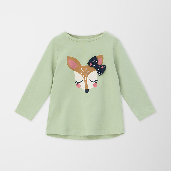 SOLIVER Soft Cotton Jersey Green Deer Printed With Bow Style Top T-Shirt - TinyTikes.pk
