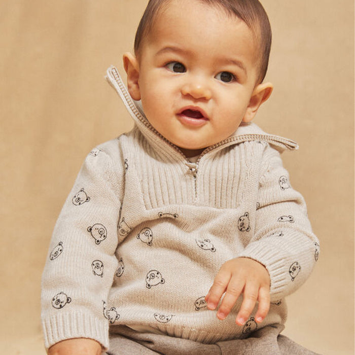 SM Boy Cream Color Bear Face Print Long Neck Zipper Sweater