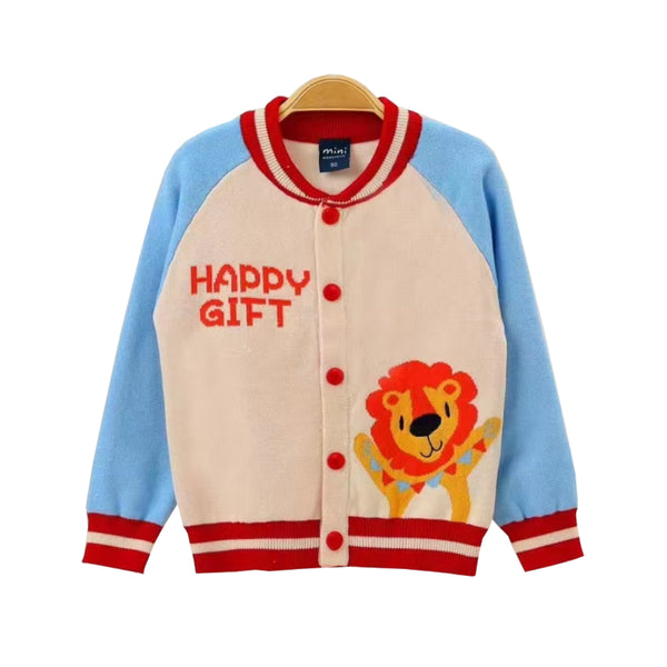 Boy Cream Color Lion Print Cardigan