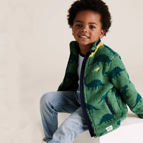 MS Boy Green Dinosure Embroidery Zipper Fleece Upper Sweater