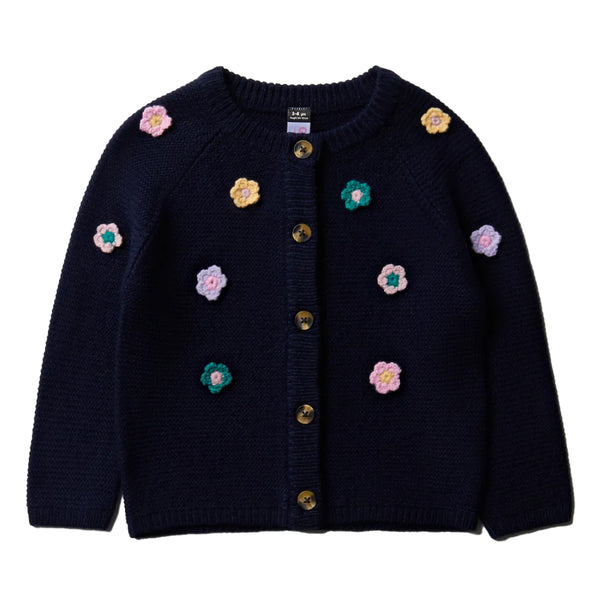 Q TEE Girl Navy Blue Multi Flower Patch Cardigan