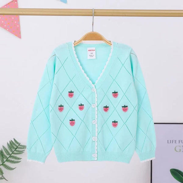 Girl Sea Green Strawberry Embroidery Cardigan