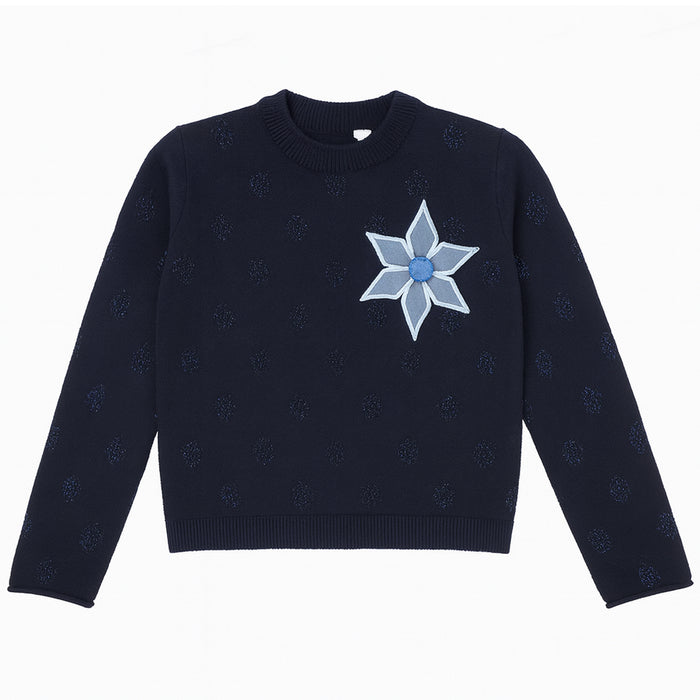 MS Girl Blue Gliterish Flower Patch Sweater