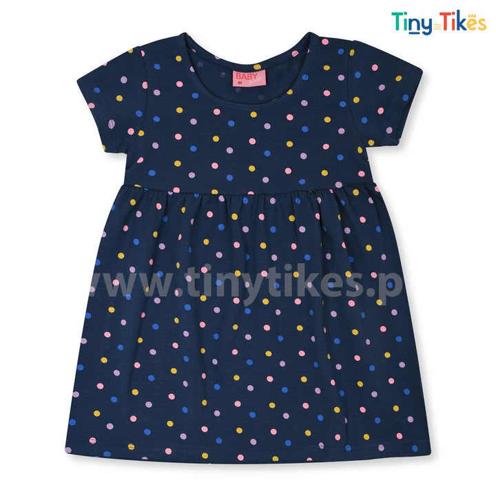 Short Sleeves Jersi Organic Cotton Blue Frock With Multi Dots - TinyTikes.pk