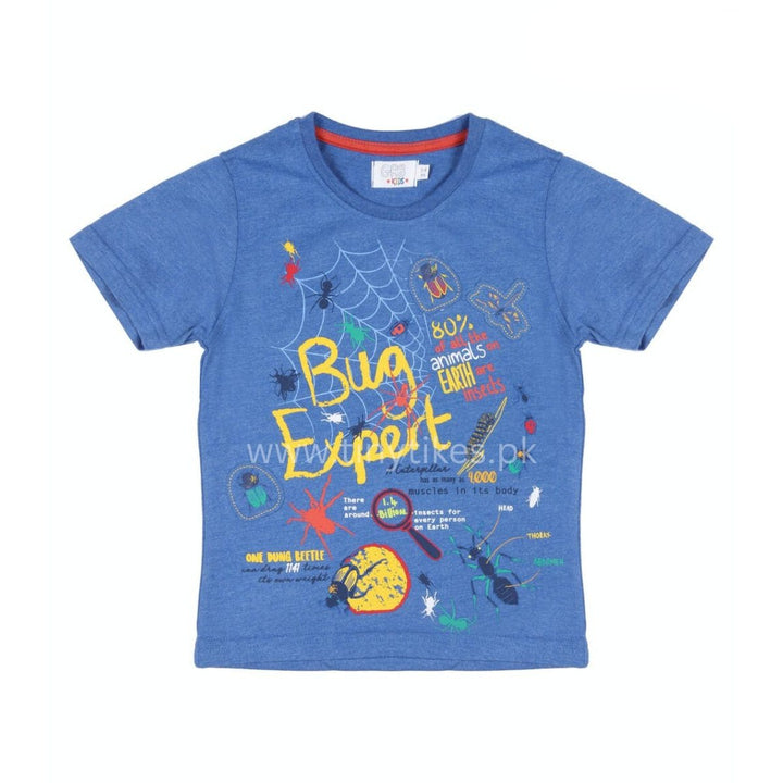 Short Sleeves Jersi Organic Cotton Blue T-Shirt With Insect Print - TinyTikes.pk