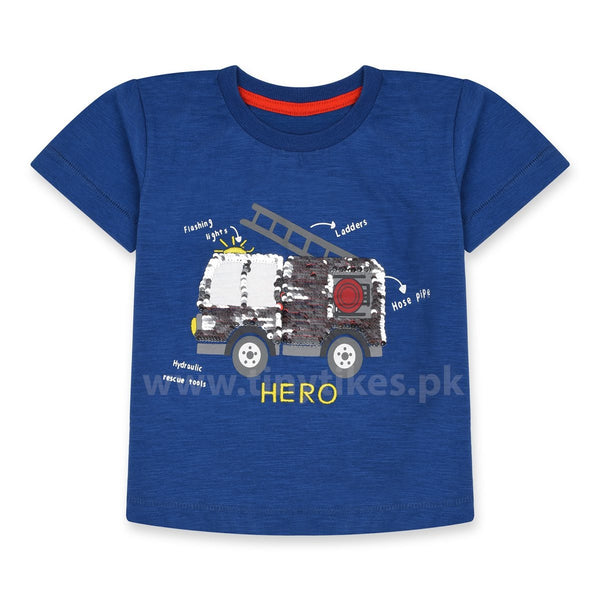 Short Sleeves Jersi Organic Cotton Blue T-Shirt With Sequence Rescue Van - TinyTikes.pk