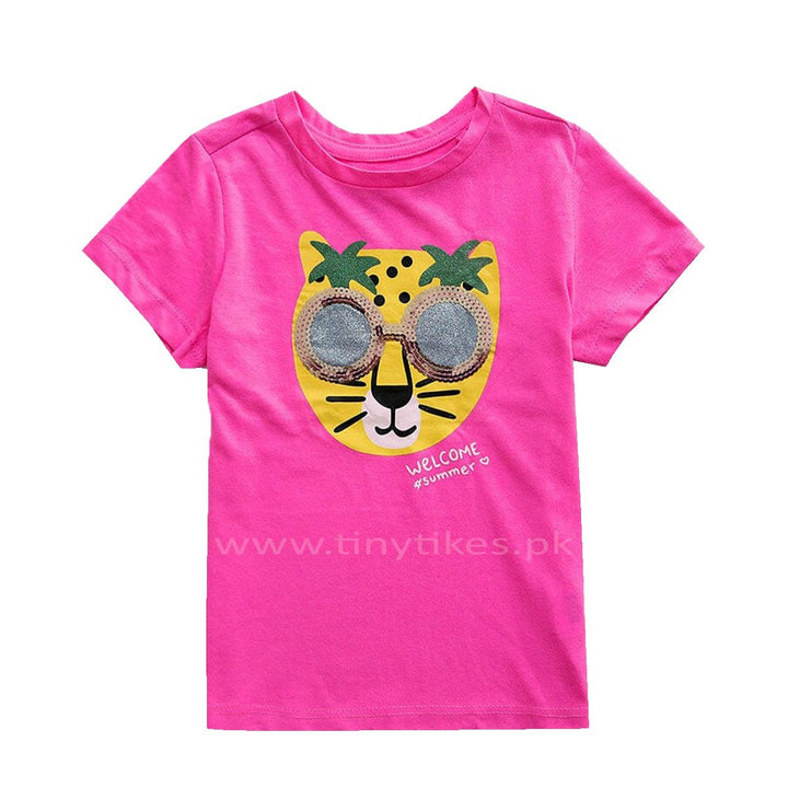 CA Short Sleeves Jersey Organic Cotton Pink Tiger Printed T-Shirt With Sequence Glasses - TinyTikes.pk
