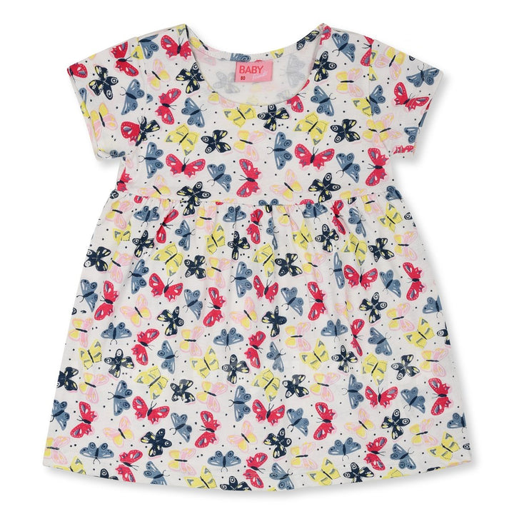 Short Sleeves Jersi Organic Cotton White Dress With Butterfly Print - TinyTikes.pk