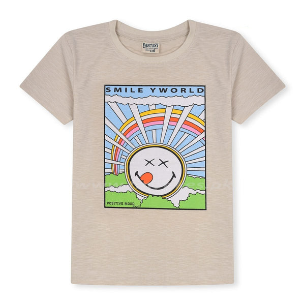 Short Sleeves Organic Cotton Jersey Cream Color T-Shirt With Smiley World Print - TinyTikes.pk