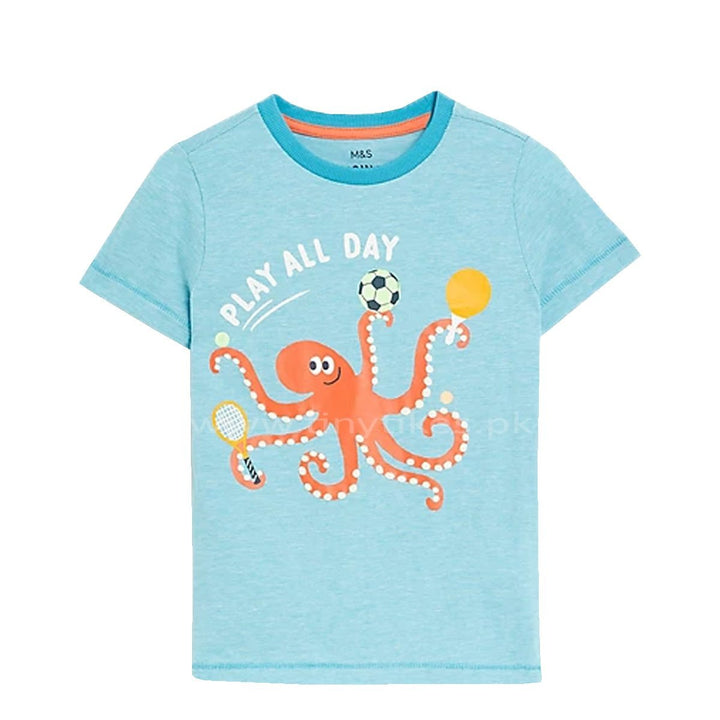 MS Short Sleeves Organic Cotton Jersey Blue T-Shirt With Octopus Character Print - TinyTikes.pk