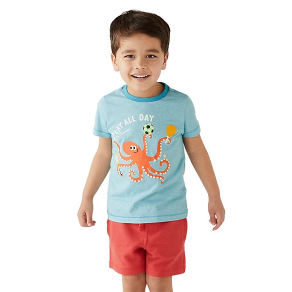 MS Short Sleeves Organic Cotton Jersey Blue T-Shirt With Octopus Character Print - TinyTikes.pk