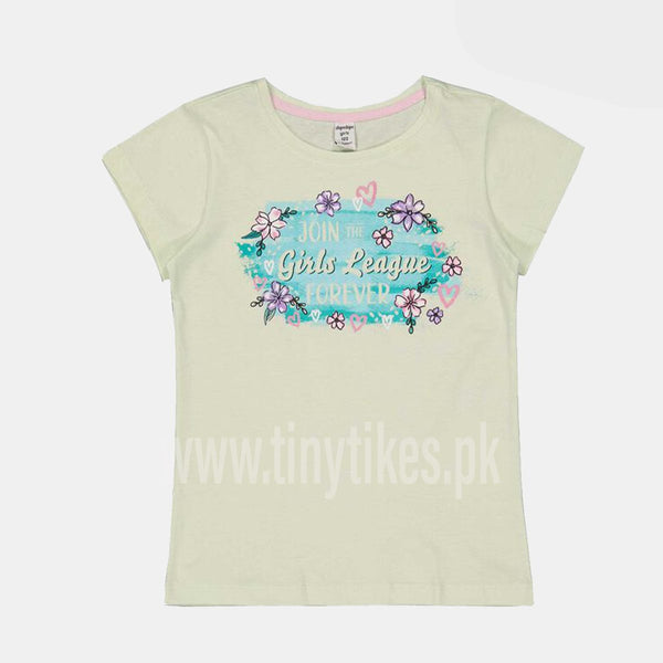 DOPO DOPO Short Sleeves Organic Cotton Jersey Light Green T-Shirt With Girls League Forever Print - TinyTikes.pk