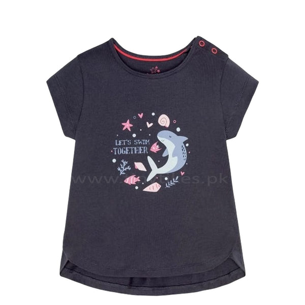 LPU Short Sleeves Organic Jersey Cotton Navy Blue Shoulder Button T-shirt With Dolphin Print - TinyTikes.pk