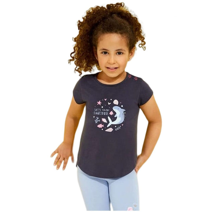 LPU Short Sleeves Organic Jersey Cotton Navy Blue Shoulder Button T-shirt With Dolphin Print - TinyTikes.pk