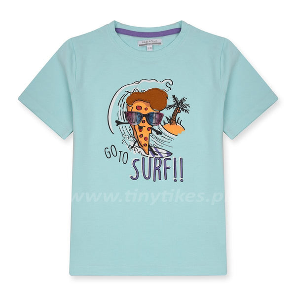 Short Sleeves Sea Green Cotton Jersey T-Shirt With Beach Print - TinyTikes.pk