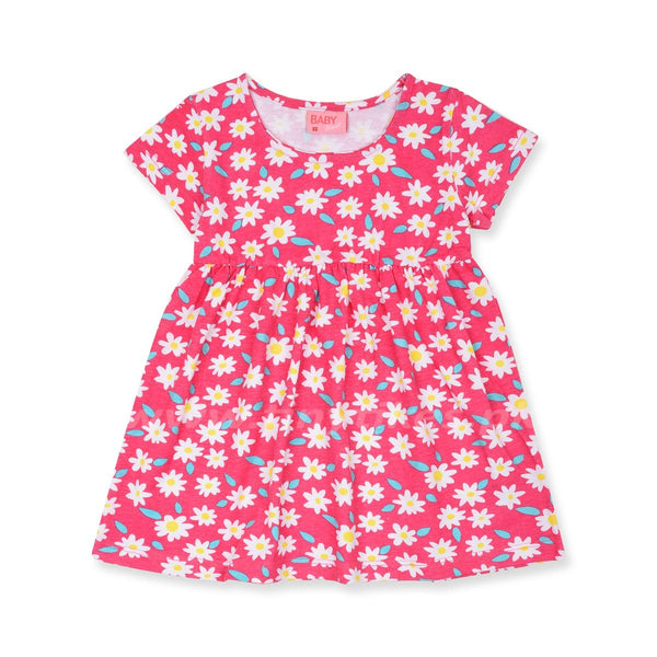 Short Sleeves Soft Cotton Jersey Pink With White Floral Dress - TinyTikes.pk