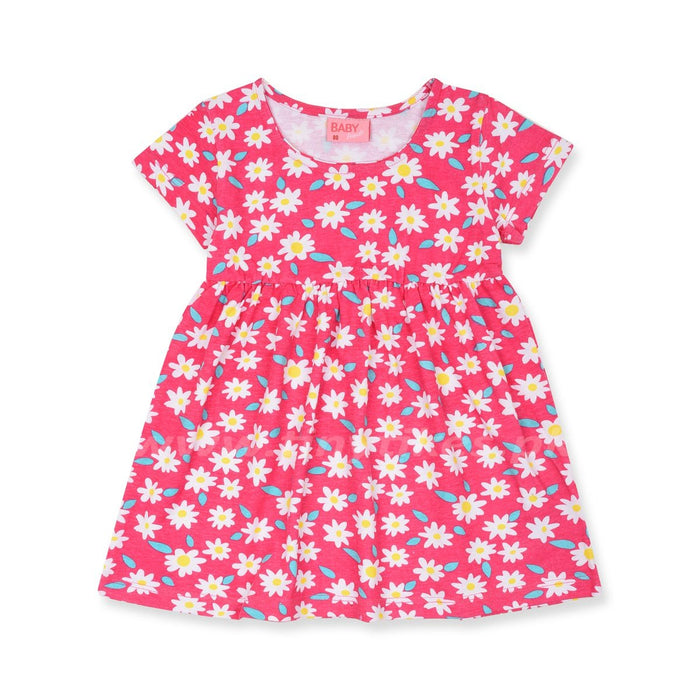 Short Sleeves Soft Cotton Jersey Pink With White Floral Dress - TinyTikes.pk