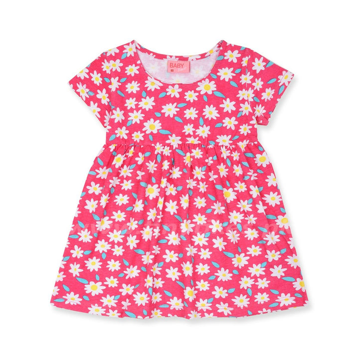 Short Sleeves Soft Cotton Jersey Pink With White Floral Dress - TinyTikes.pk