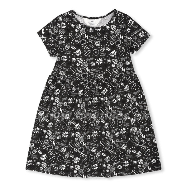 HM Short Sleeves Jersey Cotton Black With Avengers Print Frock - TinyTikes.pk