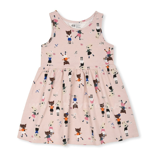 HM Sleeveless Jersey Cotton Pink Cat And Cat Printed Frock - TinyTikes.pk