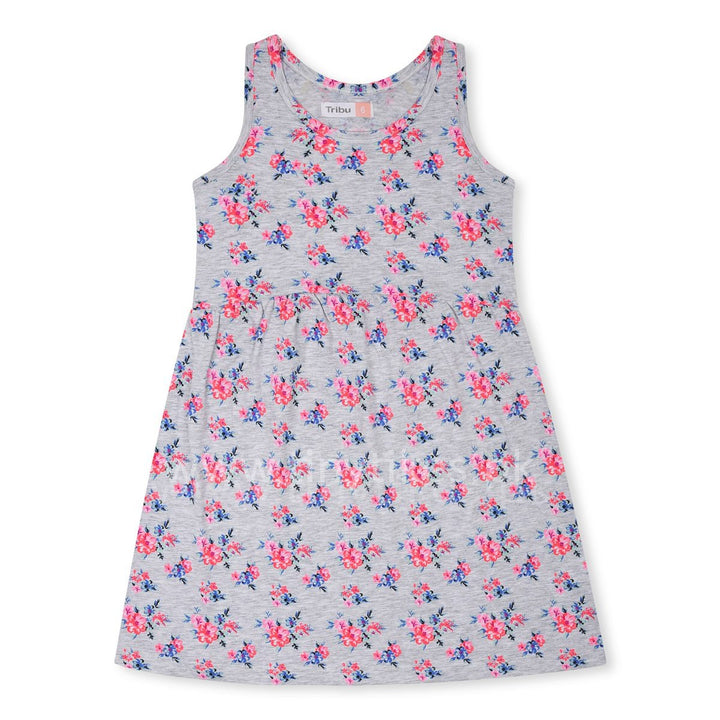 Tribu Sleeveless Organic Cotton Jersey Grey Floral Top Dress - TinyTikes.pk
