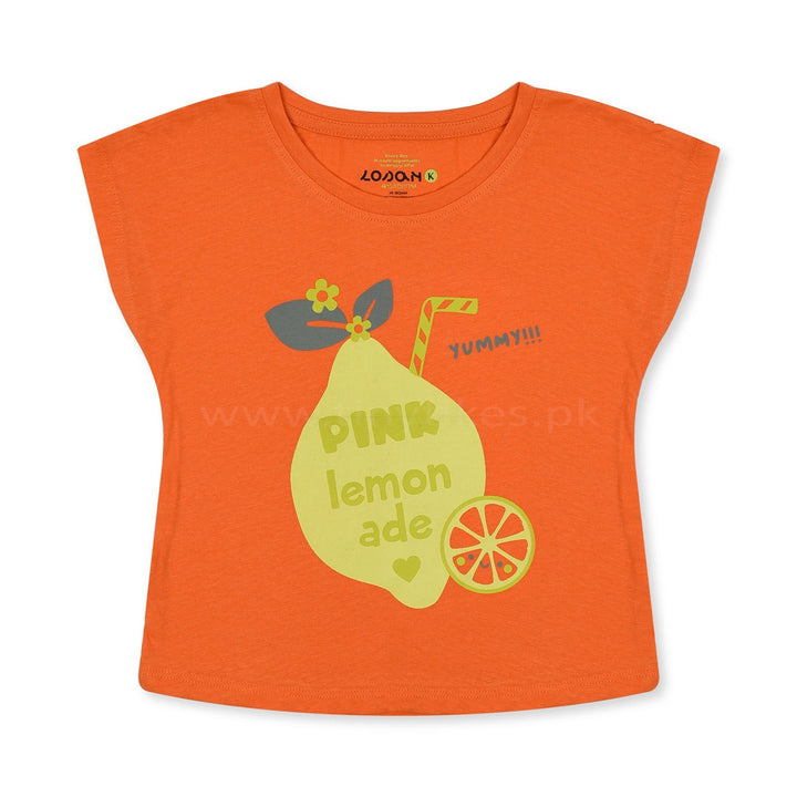 LO SAN Sleeveless Jersey Cotton Orange With Pink Lemon Ade Printed Top - TinyTikes.pk