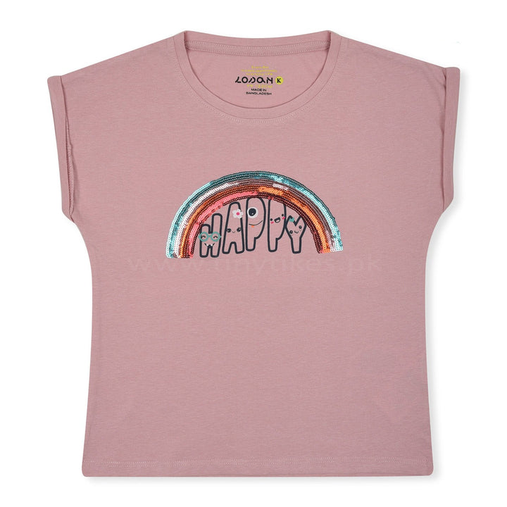 LOS AN Soft Cotton Jersey Baby Pink With Rainbow Patch T-Shirt - TinyTikes.pk